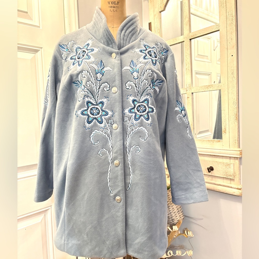 Bob Mackie‎ Embroidered Fleece Jacket XL Light Blue Button Front  Art To Wear